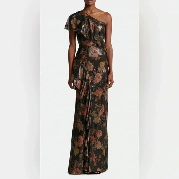 Ralph Lauren Collection Chiffon Evening Gown Floral One Shoulder Ruffle Dress 10 - Picture 6 of 13